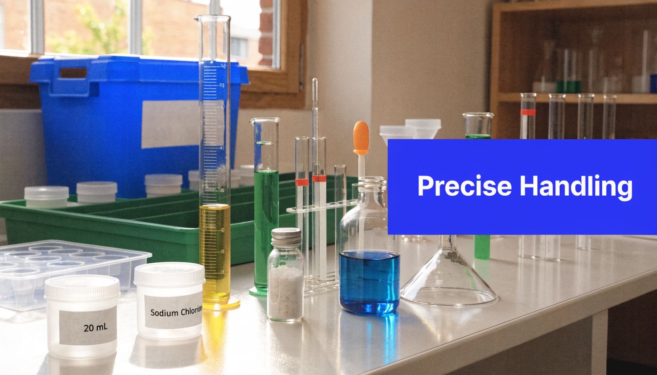 An array of laboratory glassware including beakers, test tubes, and a graduated cylinder filled with various colored liquids.