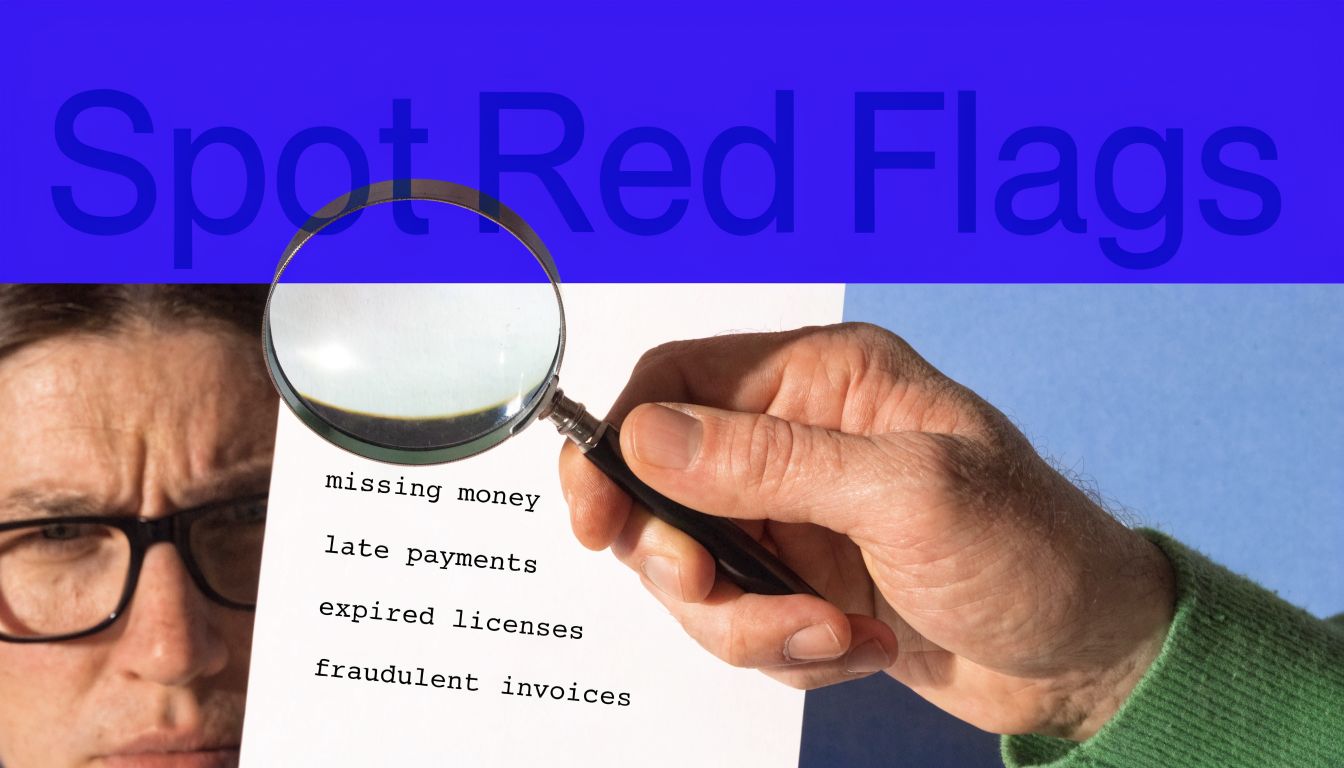 A person looking through a magnifying glass at a paper listing red flags for financial business investigations.
