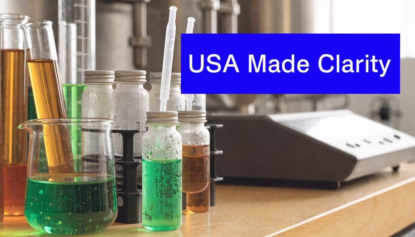 Scientific laboratory equipment including glass beakers and test tubes with colorful chemical liquids on a wooden table.