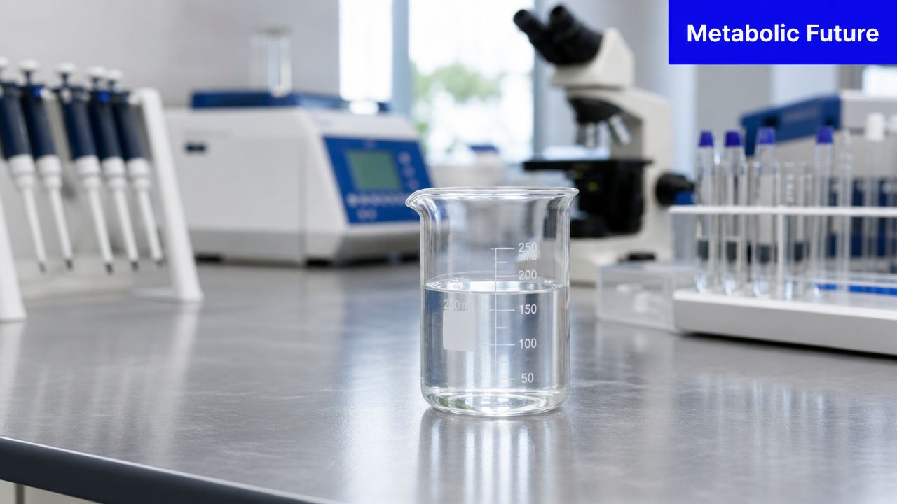 A glass beaker filled with clear liquid sits on a stainless steel laboratory table with scientific equipment behind.