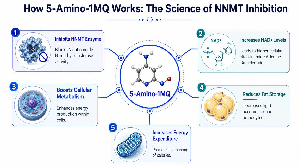 An infographic illustrating how the compound 5-Amino-1MQ works to inhibit the NNMT enzyme and boost metabolism.