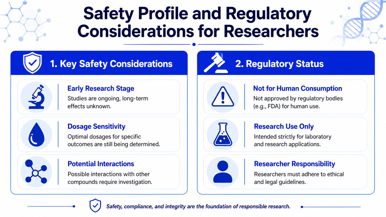An infographic detailing safety profile and regulatory considerations for researchers regarding experimental compound usage and compliance.