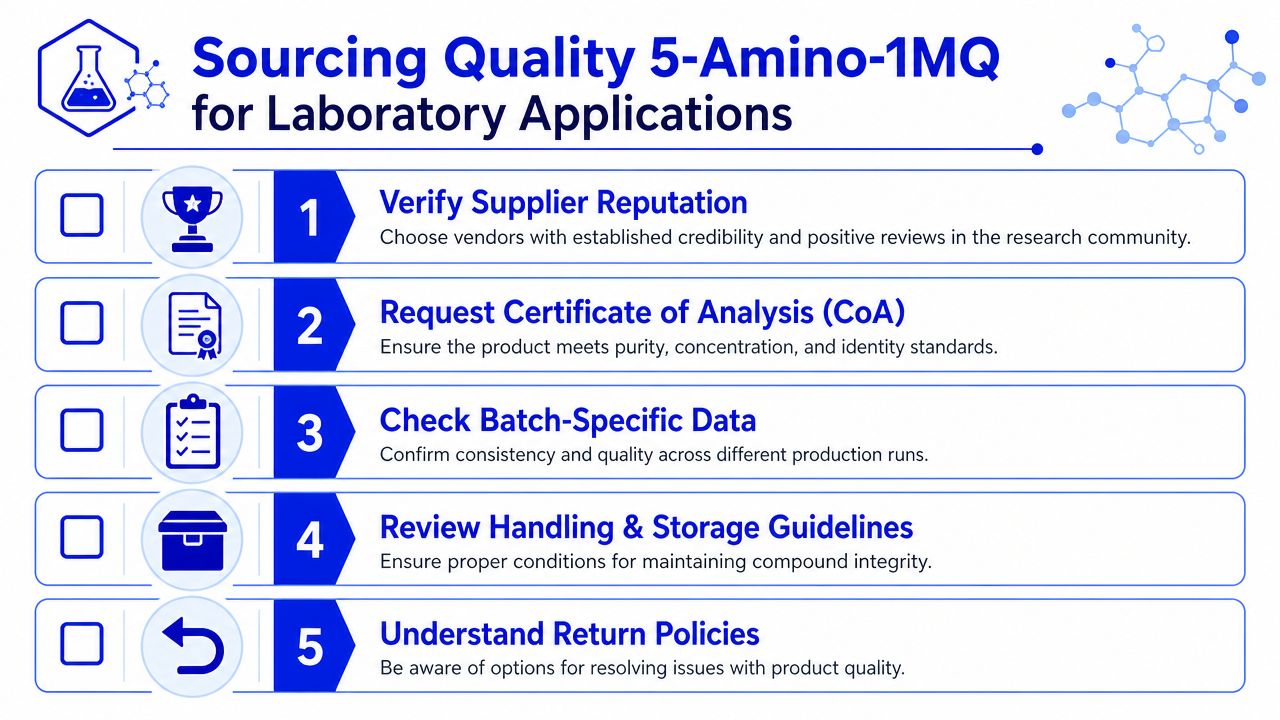An infographic detailing five essential steps for sourcing high-quality 5-Amino-1MQ for laboratory research applications.