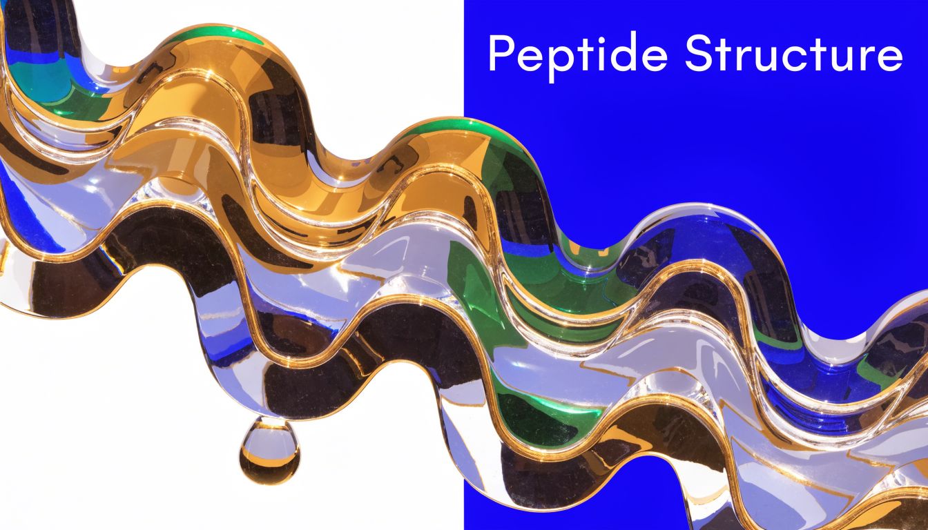 An abstract, glossy 3D wave structure in gold, blue, and green on a white and blue background.