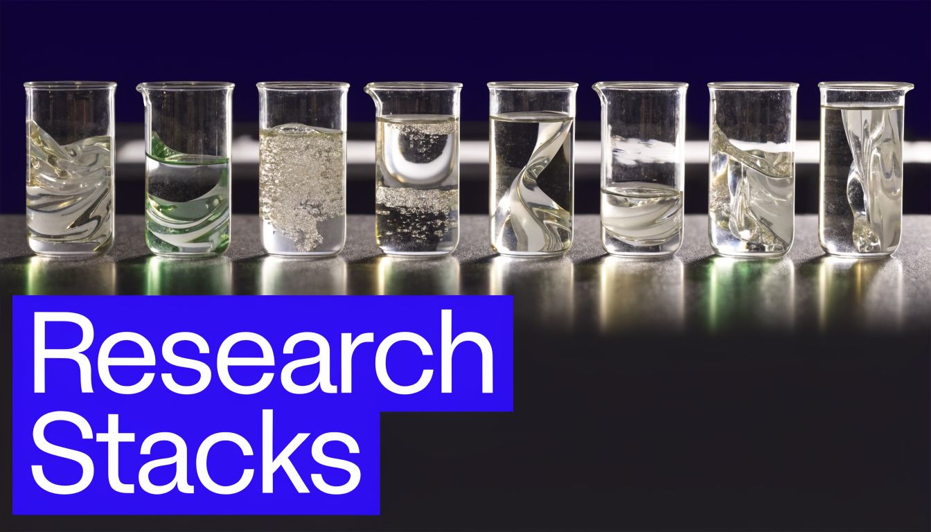 A row of eight transparent laboratory beakers containing various clear and textured liquid substances on a surface.