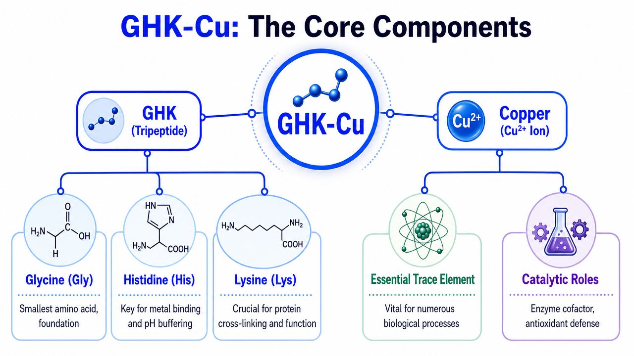 A diagram illustrating the core components of GHK-Cu, showing its peptide structure and copper ion function.