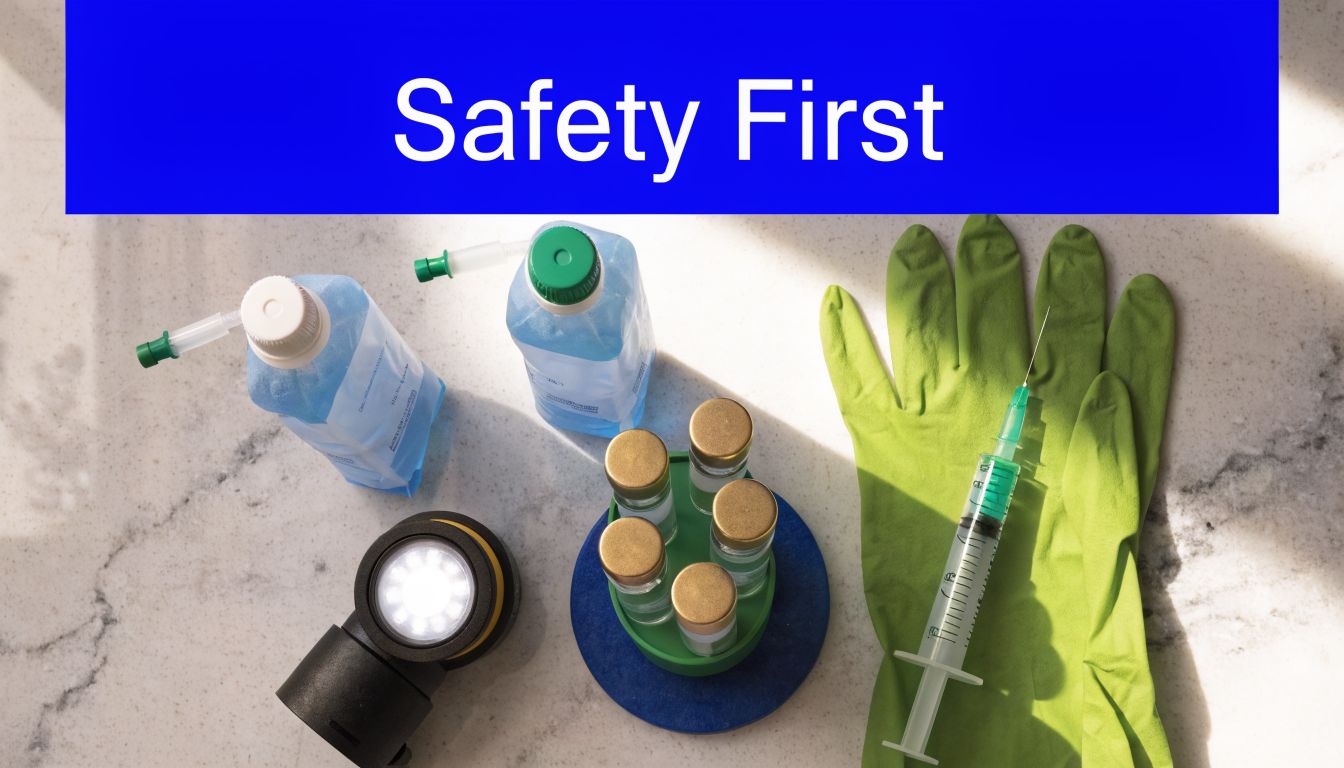A collection of medical supplies including vials, a syringe, gloves, and disinfectant on a white table.