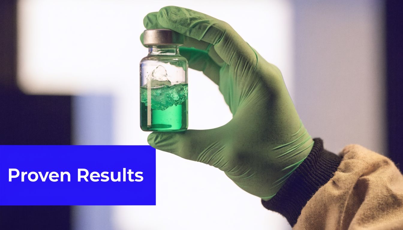 A gloved hand holding a medical vial with green liquid representing professional peptide therapy research.