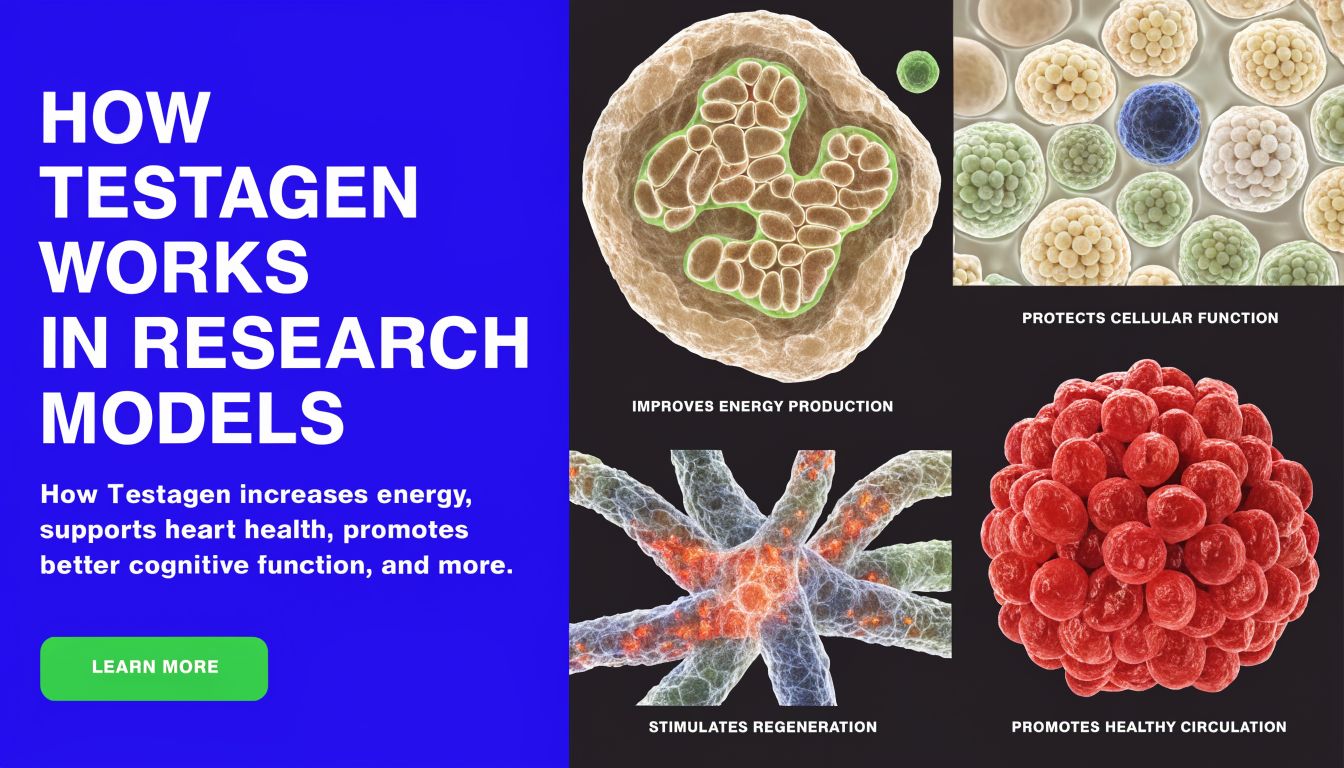 An infographic showing how Testagen supports cellular function, energy production, tissue regeneration, and healthy blood circulation.