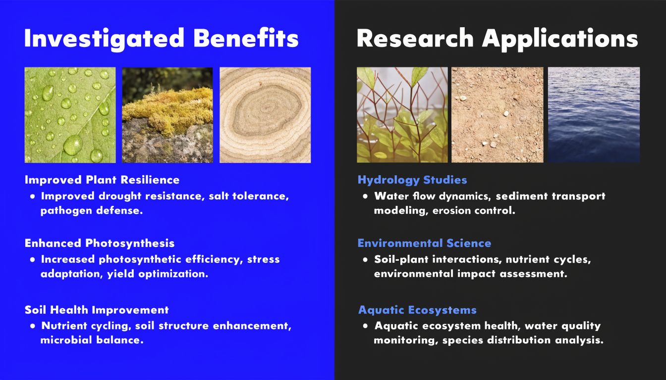 A split-screen infographic comparing scientific investigated benefits of plant resilience with research applications in environmental science.