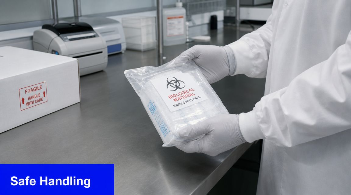 A lab technician in a white coat and gloves handling a biohazard bag of biological material.