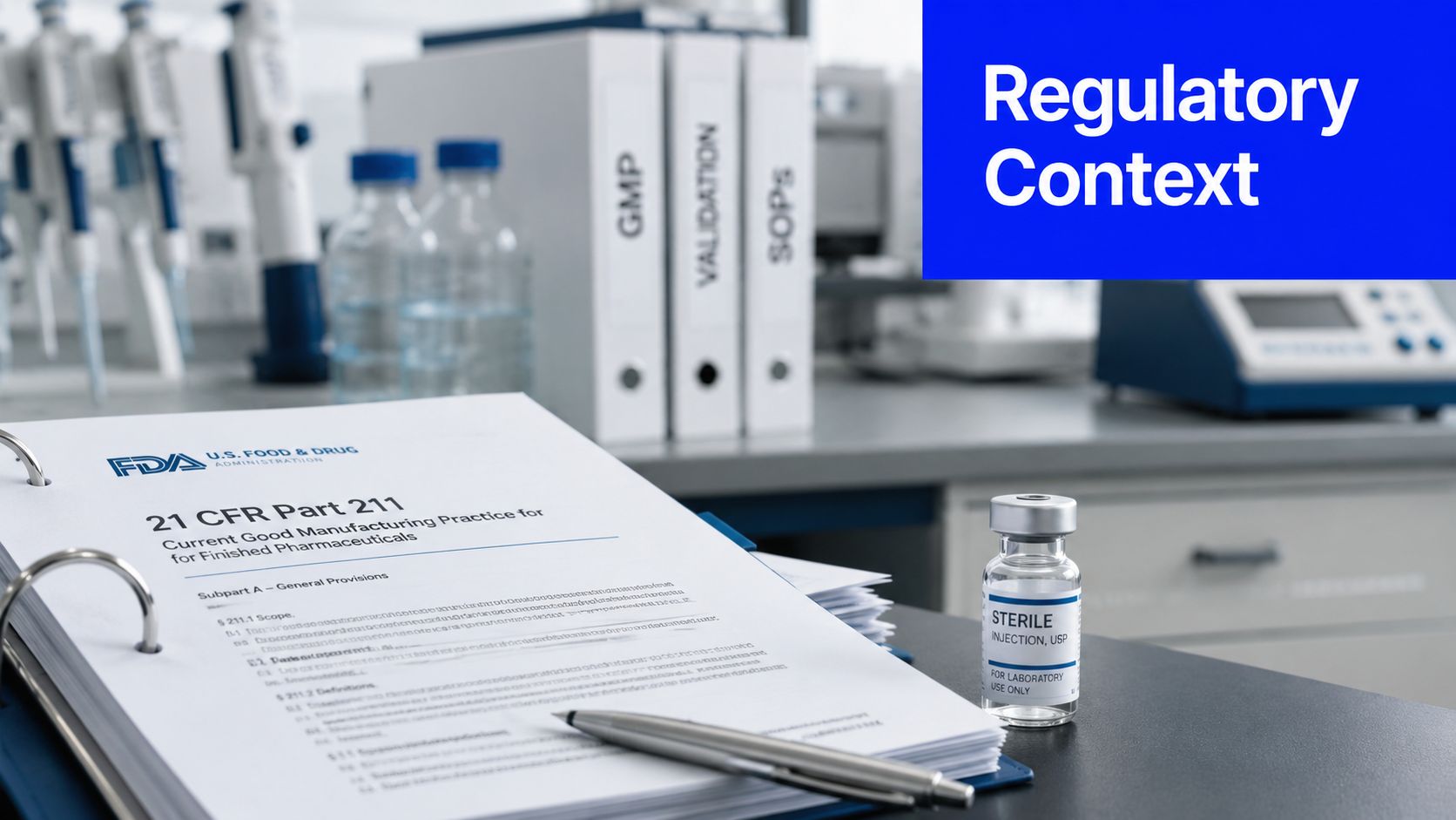 A document titled 21 CFR Part 211 with a sterile injection vial on a laboratory desk.