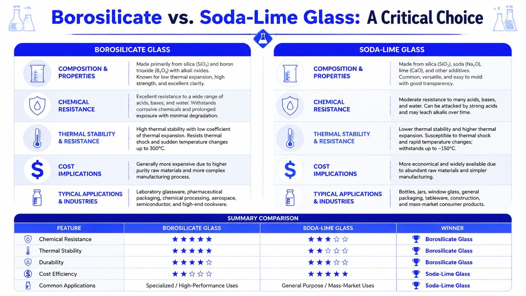 A comparison chart outlining the key differences between borosilicate and soda-lime glass, including properties, applications, and performance ratings.