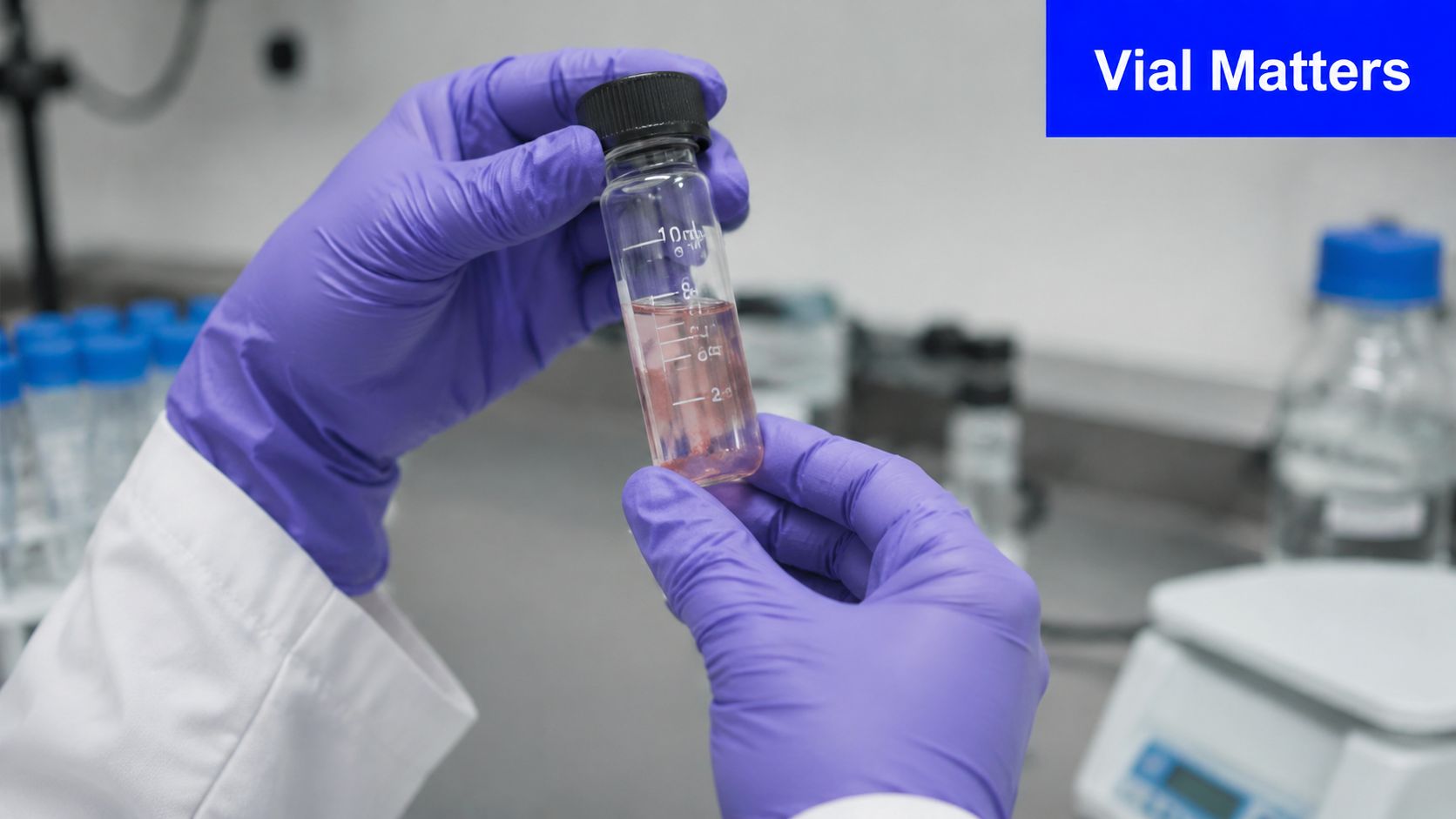 A scientist wearing purple nitrile gloves holds a small glass vial containing a light pink liquid.