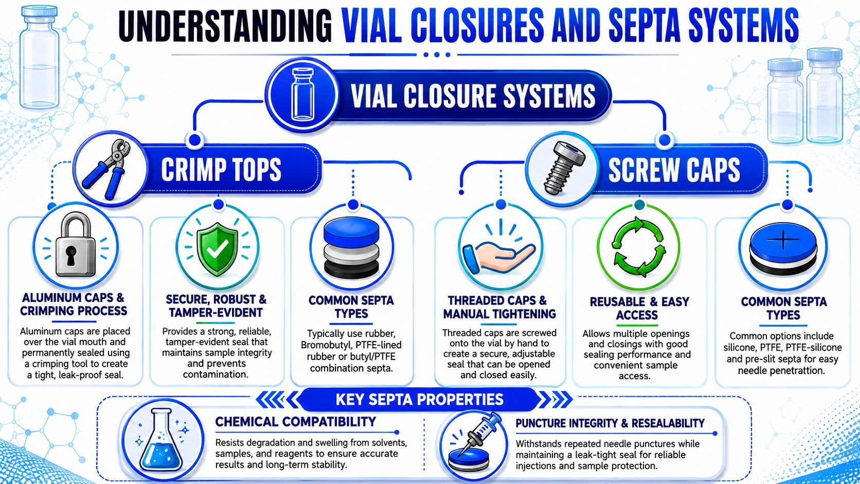 An infographic detailing various vial closure systems, including crimp tops and screw caps, with key septa properties.