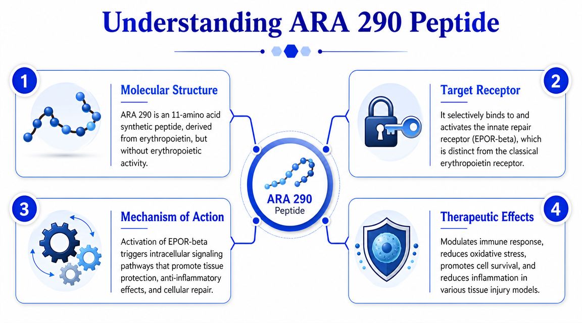 An infographic titled Understanding ARA 290 Peptide outlining its molecular structure, target receptor, mechanism, and therapeutic effects.