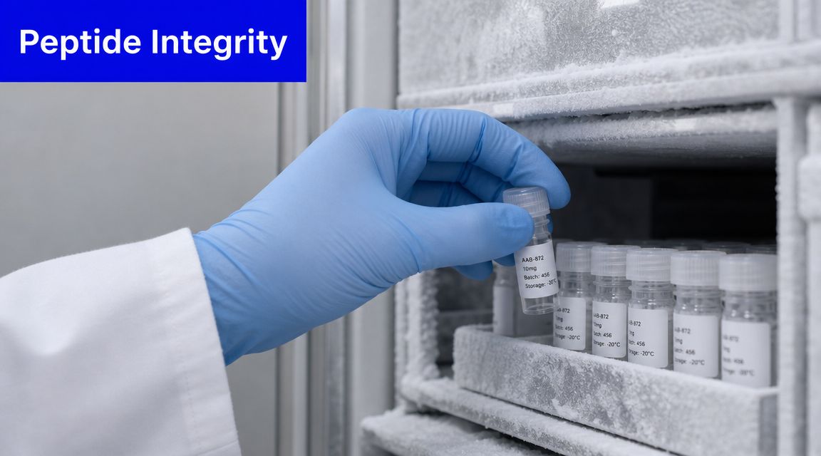 A gloved hand in a laboratory environment retrieving a labeled peptide vial from a freezer shelf.