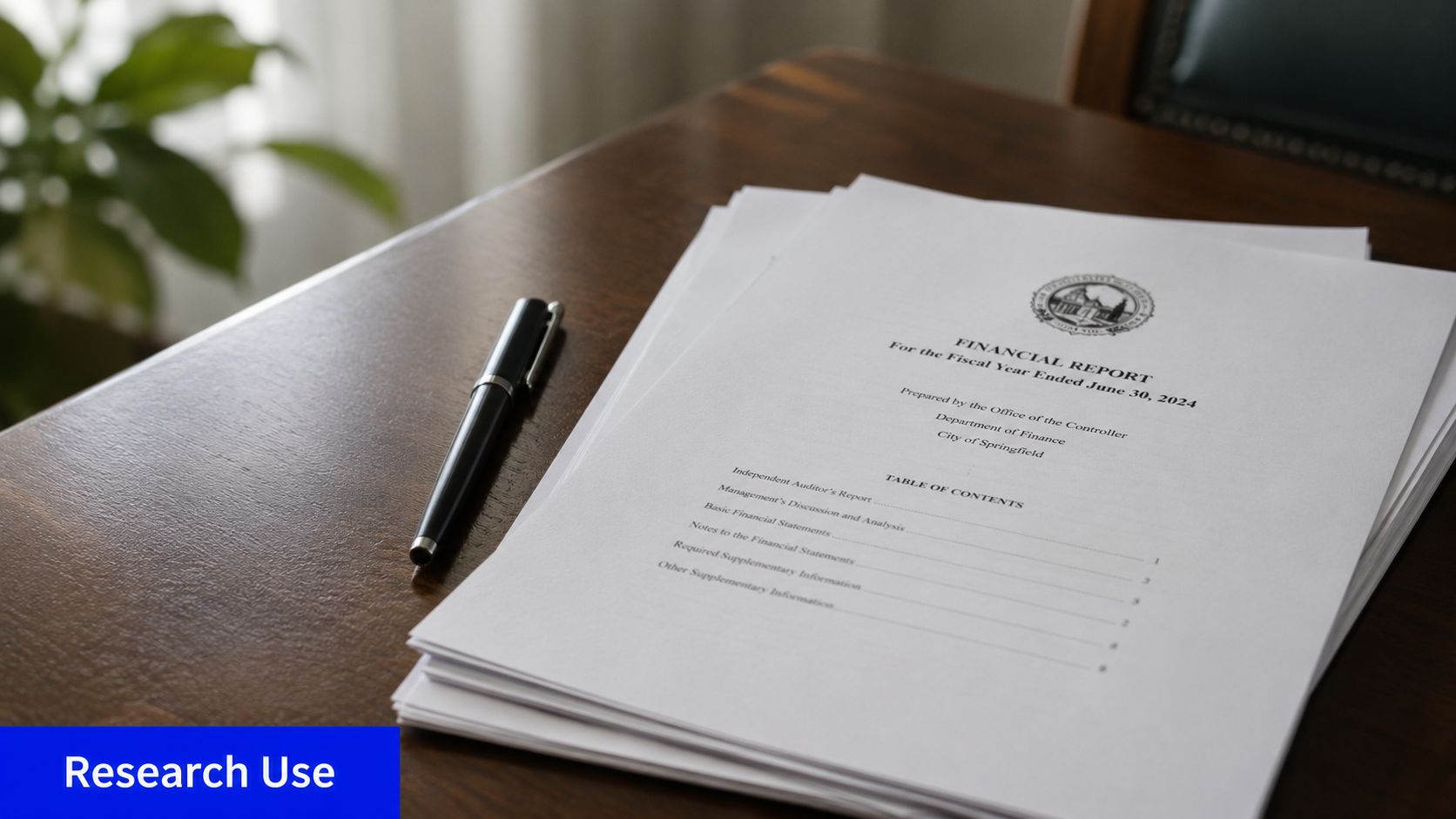 A stack of financial report documents for the City of Springfield with a black pen on a desk.