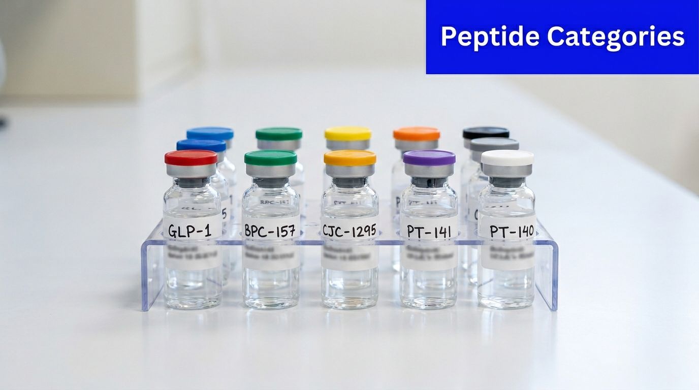 A rack of glass laboratory vials containing various peptides with color-coded caps and clear labels.
