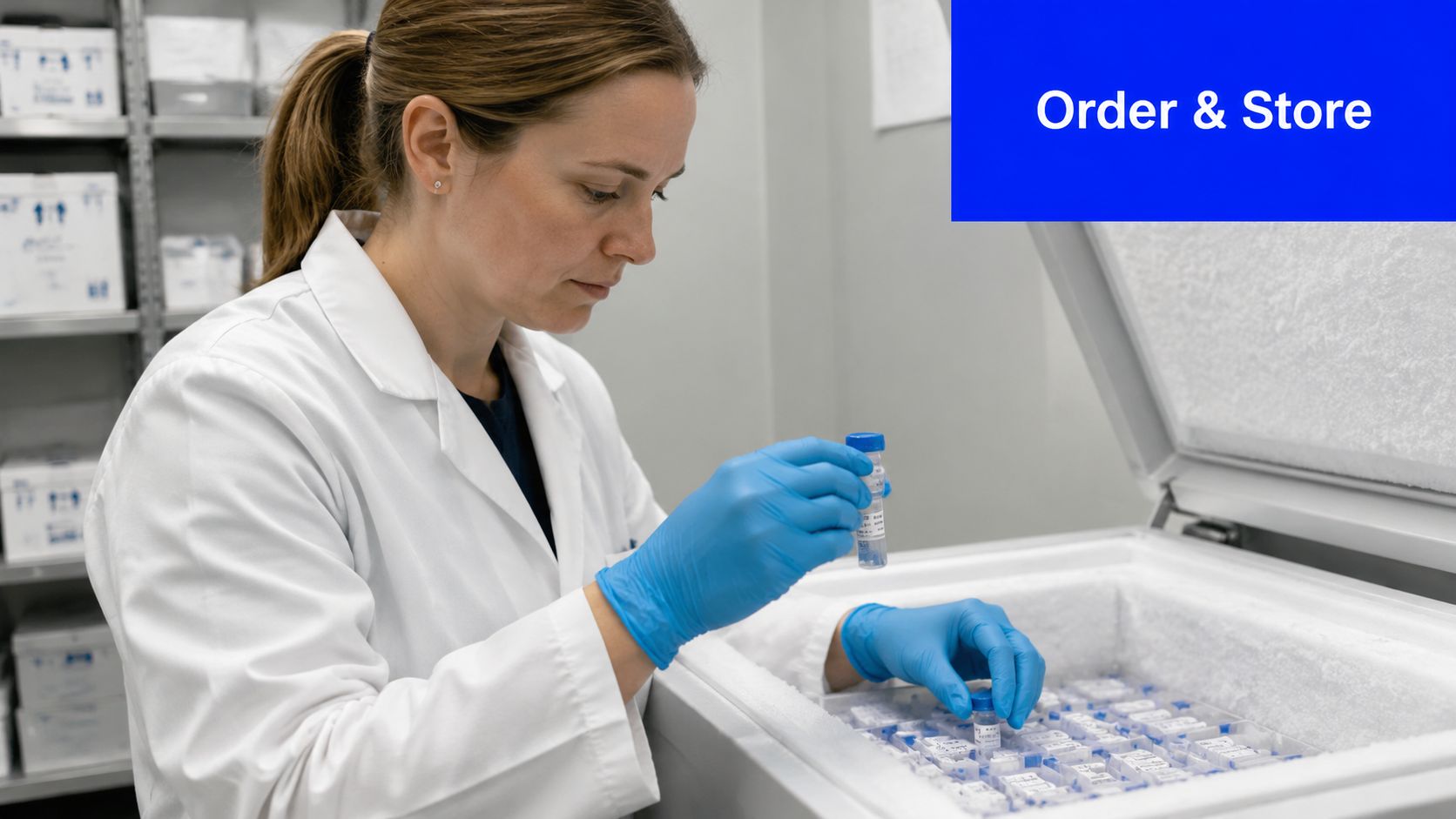 A female scientist in a lab coat and blue gloves organizing vials in a freezer.