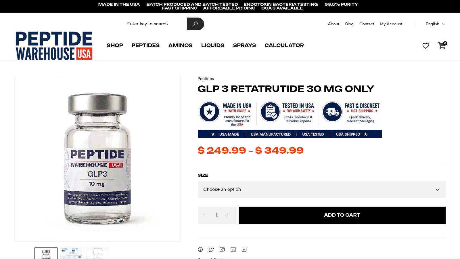 Screenshot from https://www.peptidewarehouseusa.com/product/glp-3-retatrutide-10mg/