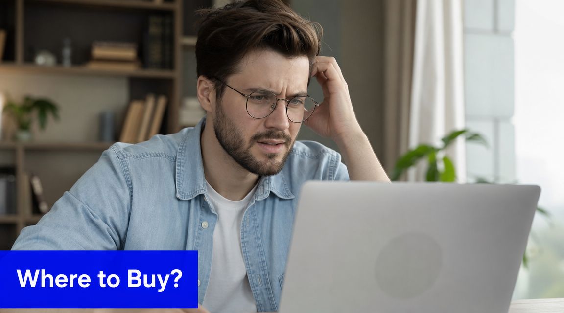 A man wearing glasses looks confused while searching for information on his laptop at home.