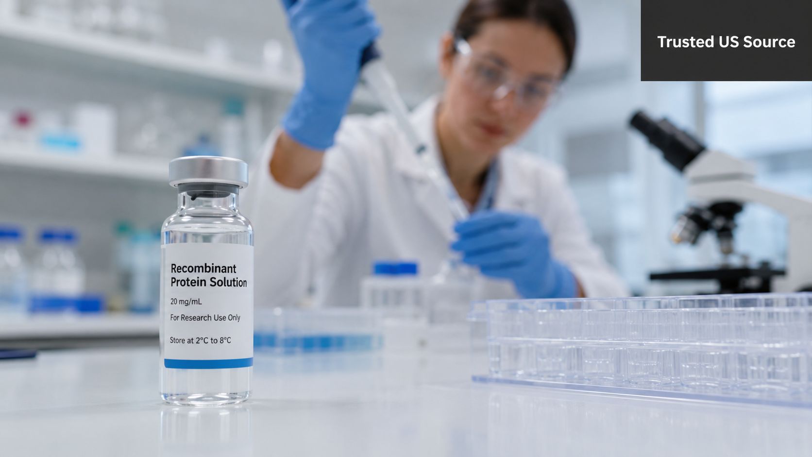 A scientist in a laboratory working with a vial labeled Recombinant Protein Solution on a table.