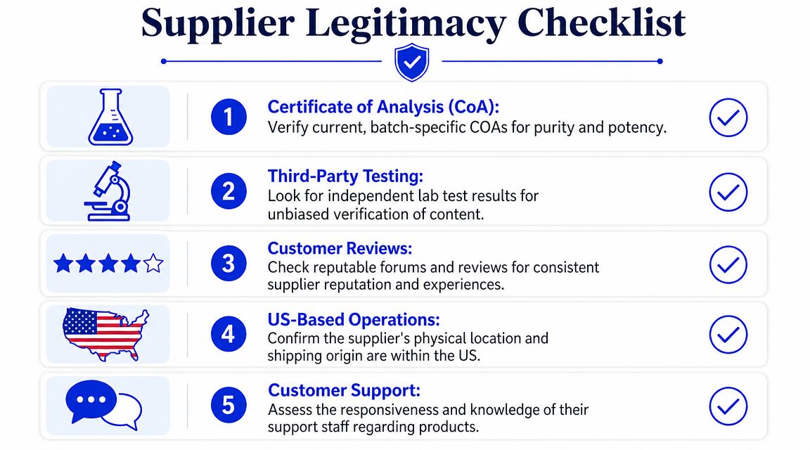 A five-point supplier legitimacy checklist infographic illustrating how to verify trusted sources for health products.