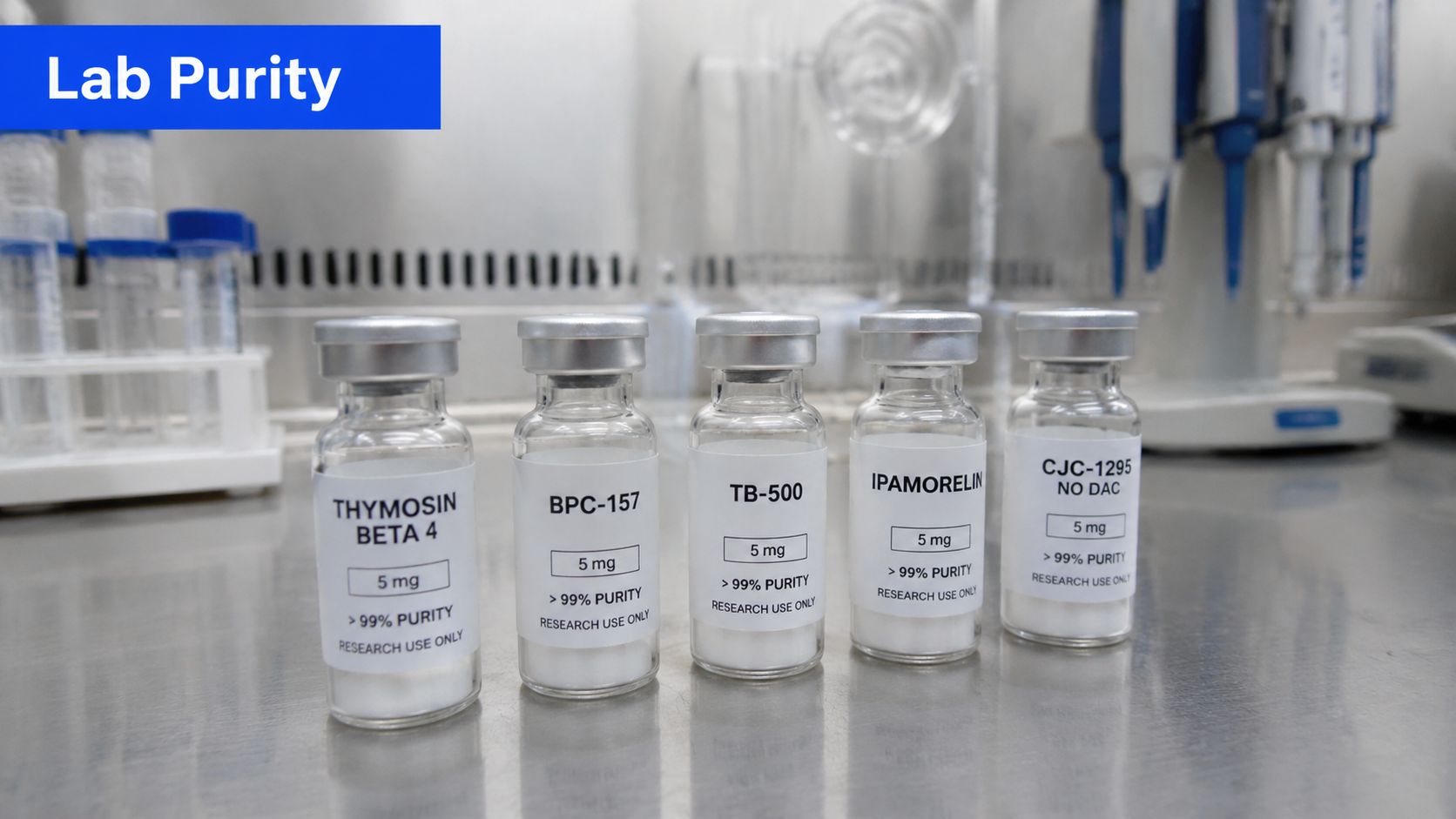 A row of five laboratory vials labeled with peptide names like BPC-157 on a sterile stainless steel surface.