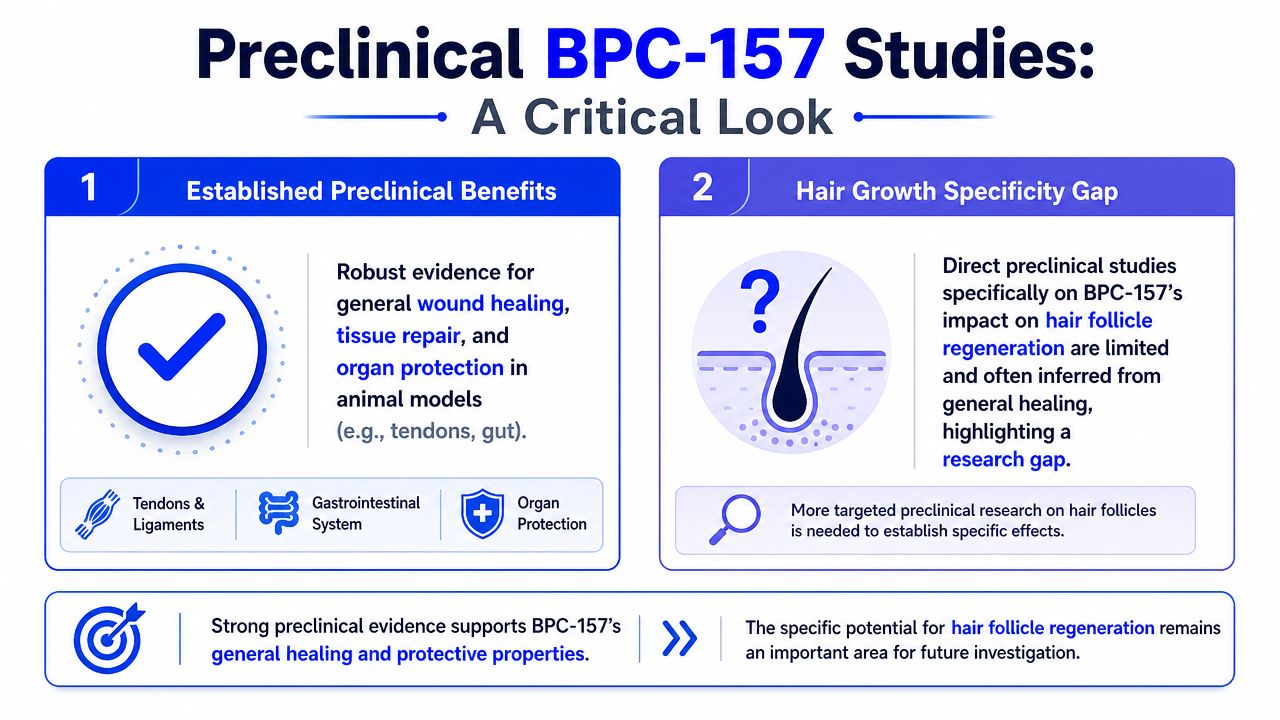 An infographic analyzing preclinical studies on BPC-157, contrasting general wound healing benefits with the need for hair research.