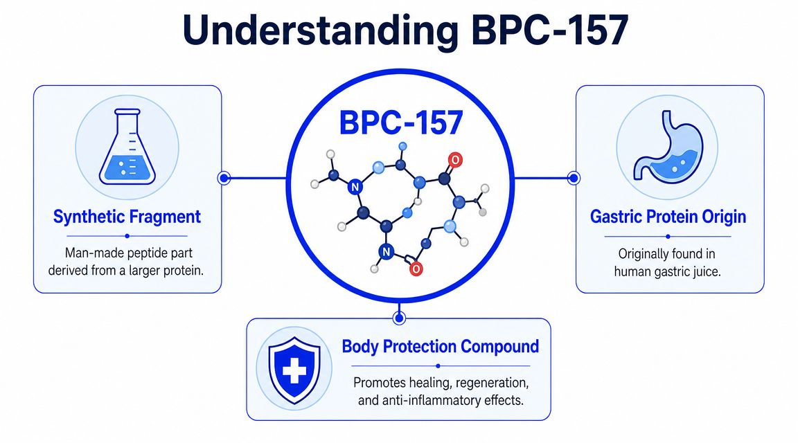 A diagram explaining BPC-157, highlighting its origin as a gastric protein, synthetic nature, and healing properties.