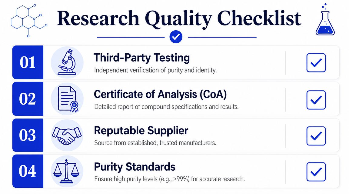 A Research Quality Checklist infographic showing four essential steps including third-party testing and purity standards.