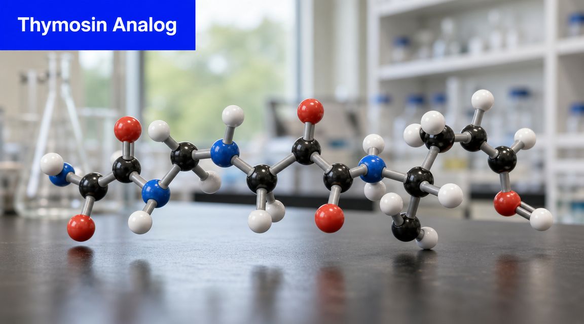 A molecular model of a peptide sitting on a laboratory table with a blue title overlay.