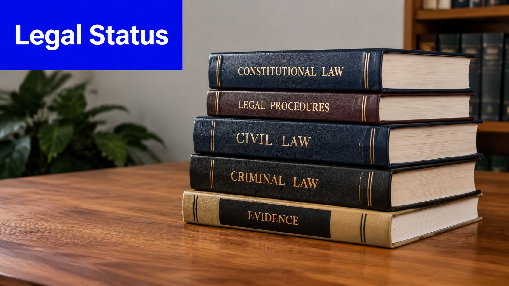 A stack of law books on a wooden desk representing various legal study and research topics.