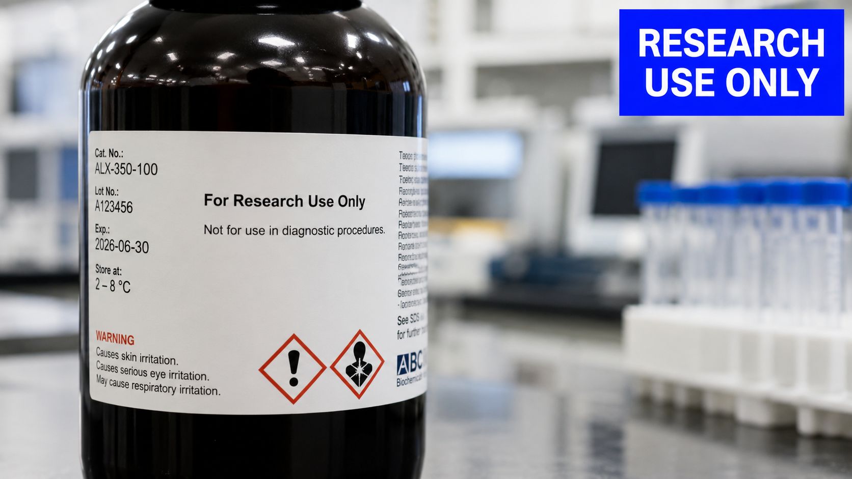 A brown laboratory reagent bottle with a white label for research use only on a lab bench.