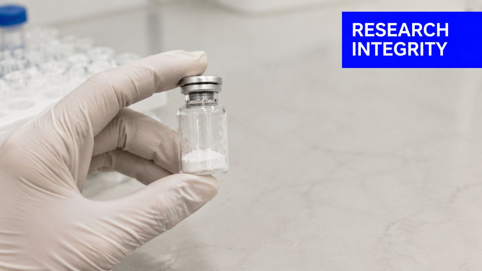 A gloved hand holds a small glass vial containing a white powder substance in a laboratory.