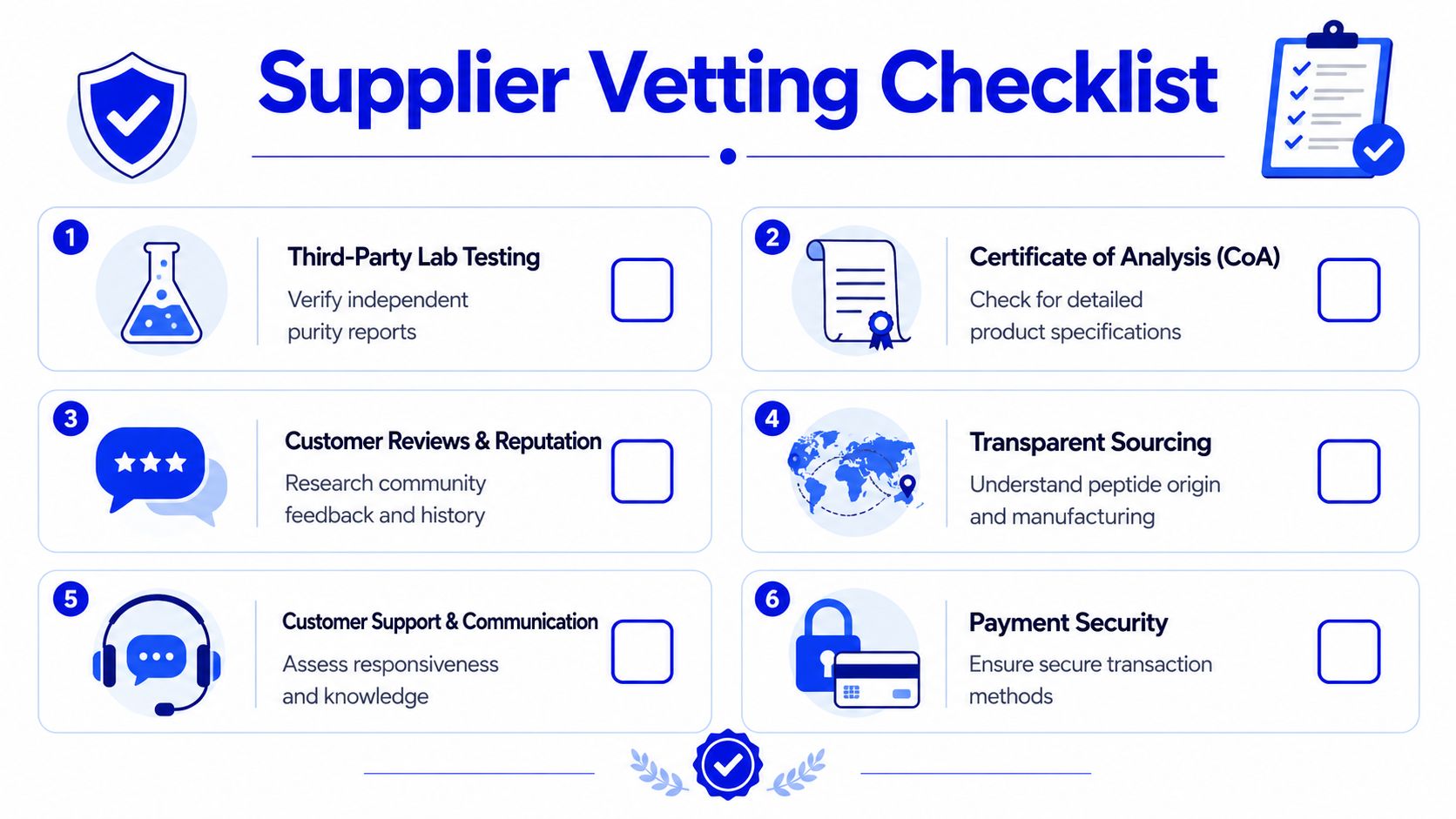 A professional infographic titled Supplier Vetting Checklist outlining six essential steps for evaluating reliable peptide suppliers.