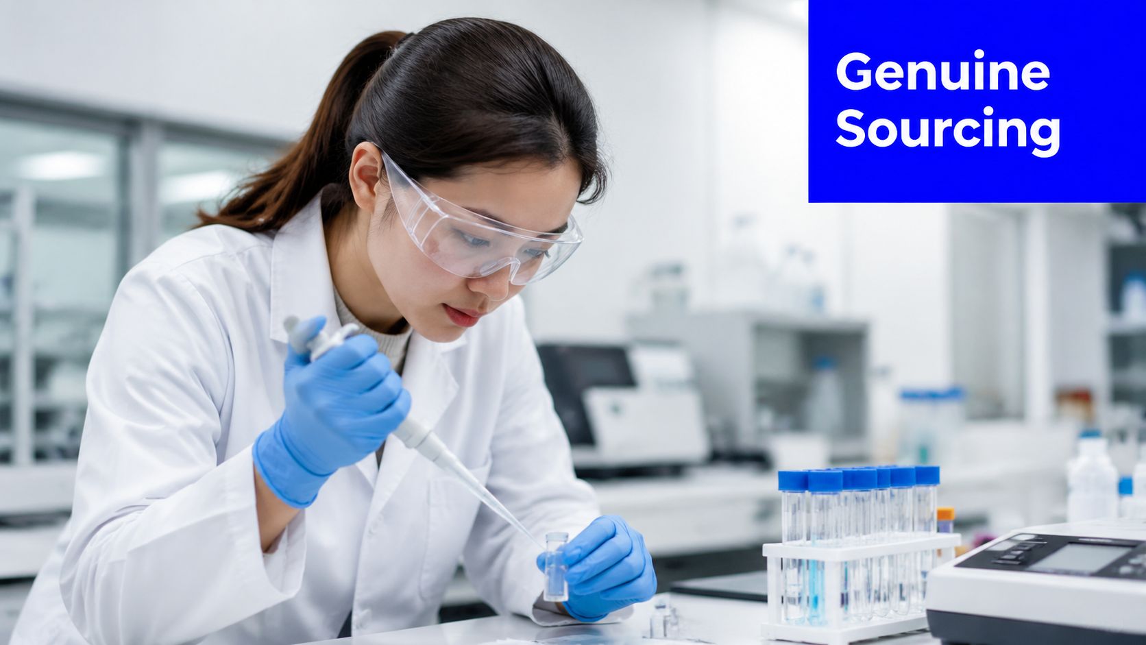 A female scientist in a laboratory conducting research using a micropipette and small test tubes.