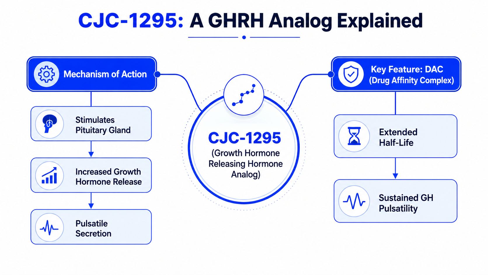 A diagram explaining the mechanism of action and key features of the GHRH analog CJC-1295.