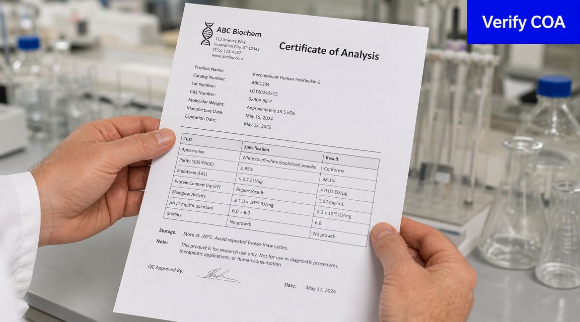 A researcher holding a printed Certificate of Analysis document for a biochemical product in a lab.