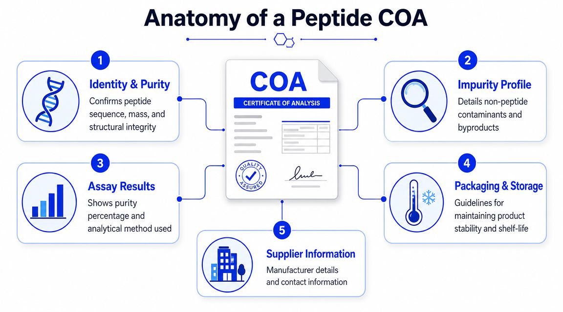 An infographic detailing the five key components found in a Certificate of Analysis for peptide products.
