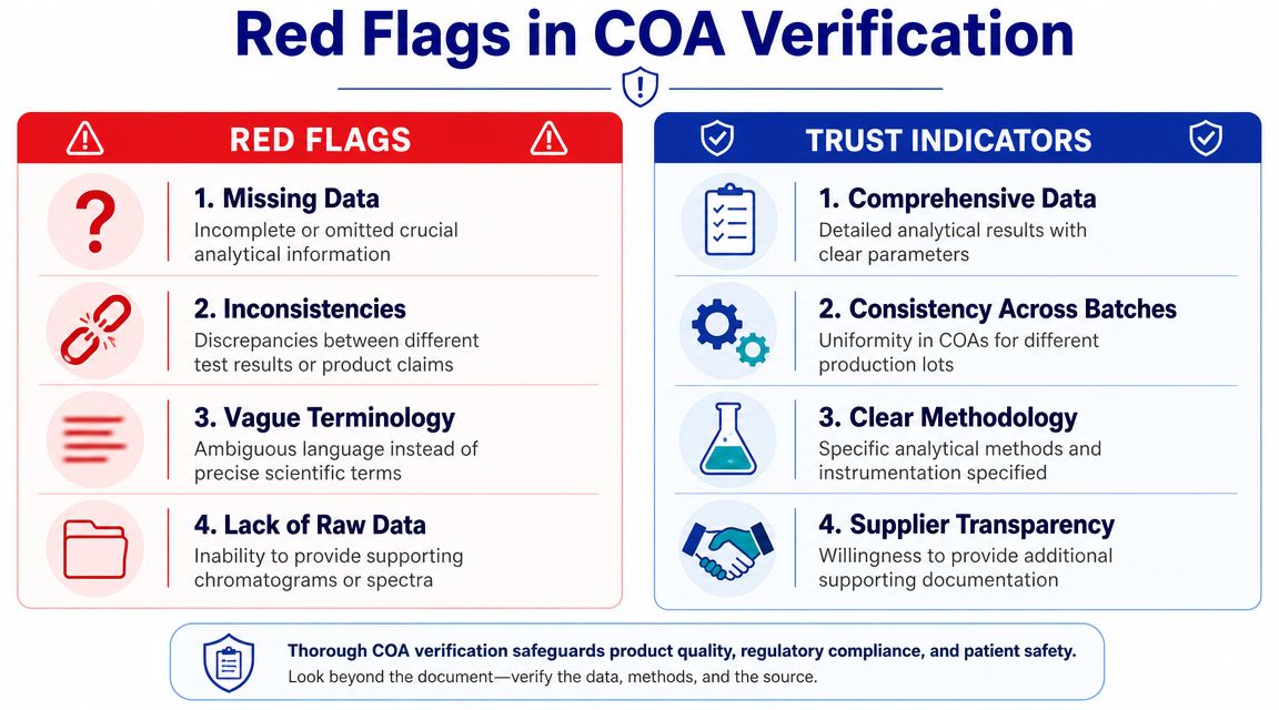 A comparison chart highlighting red flags and trust indicators for verifying Certificates of Analysis (COA) in industry.