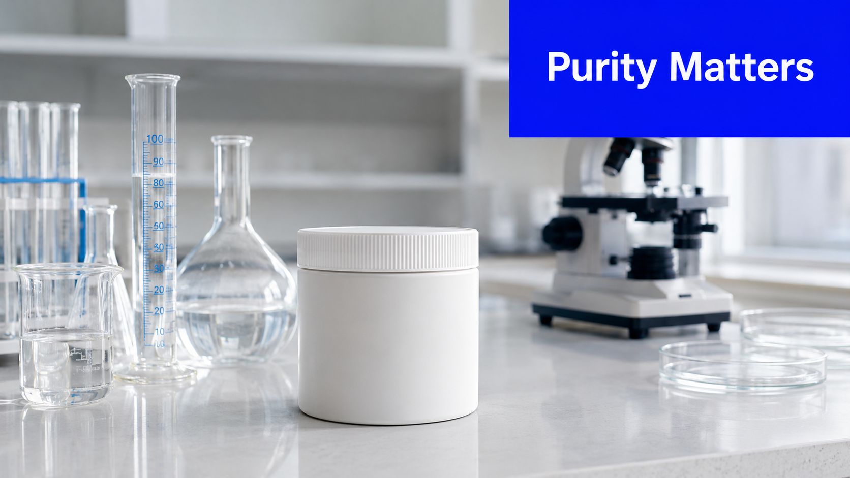 A laboratory setting with a white plastic jar in the foreground, surrounded by glassware and a microscope.