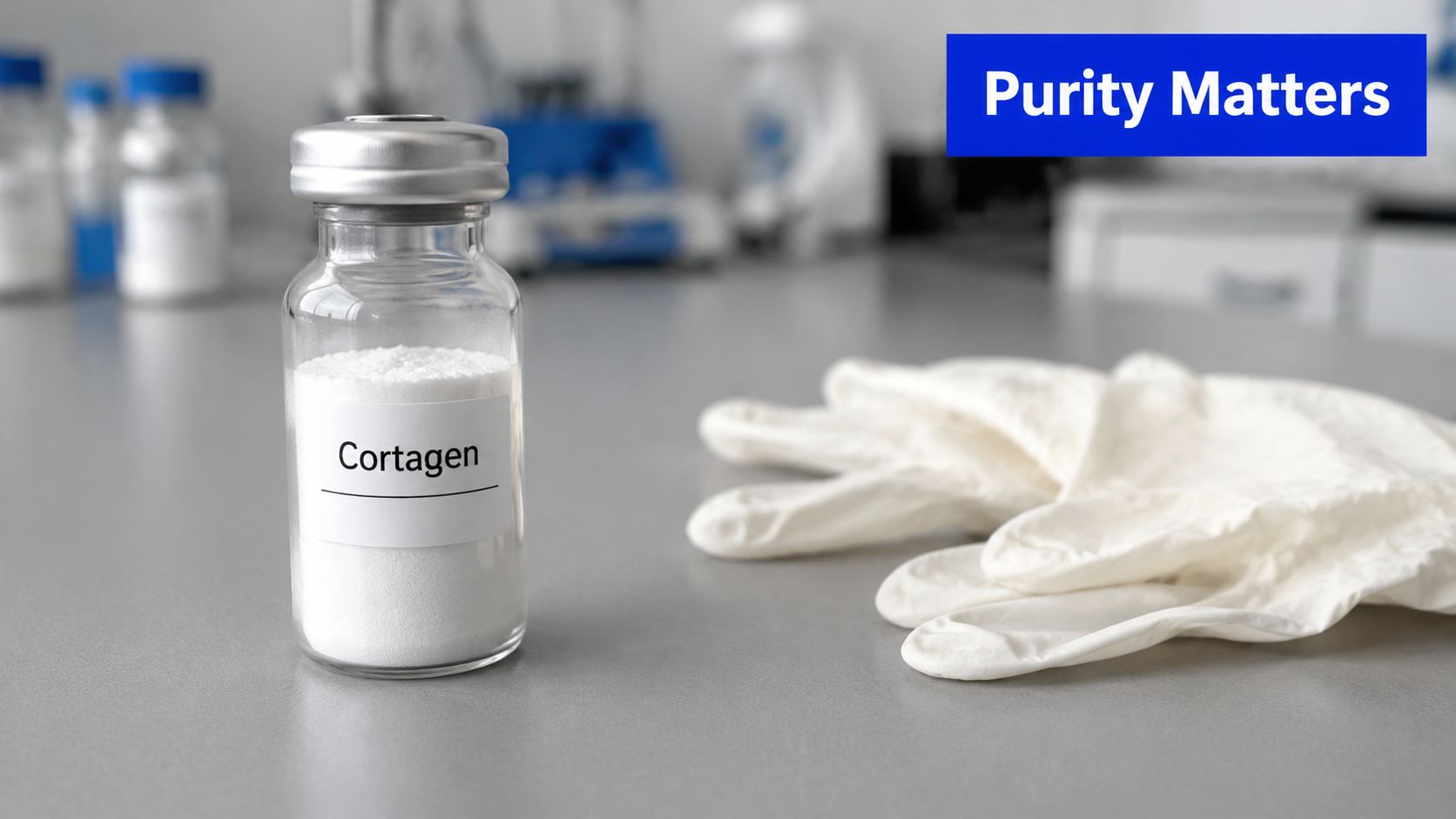 A glass vial containing Cortagen powder sits on a laboratory table next to white nitrile gloves.