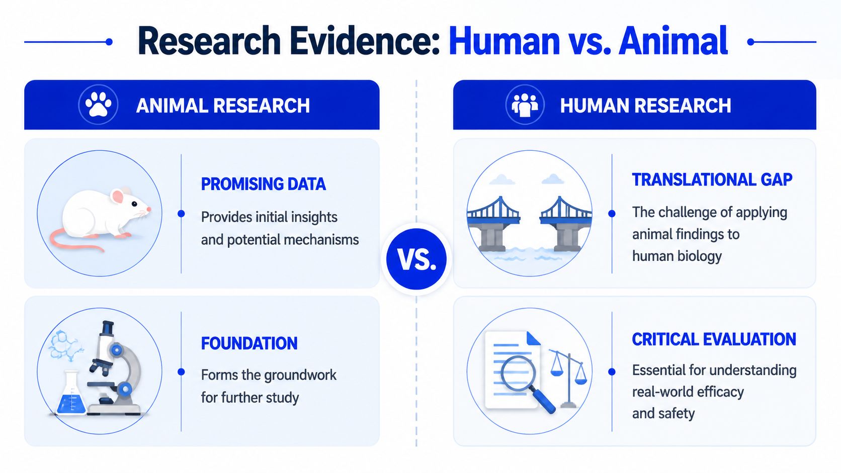 A comparison infographic showing how animal research provides initial insights while human research addresses the translational gap.