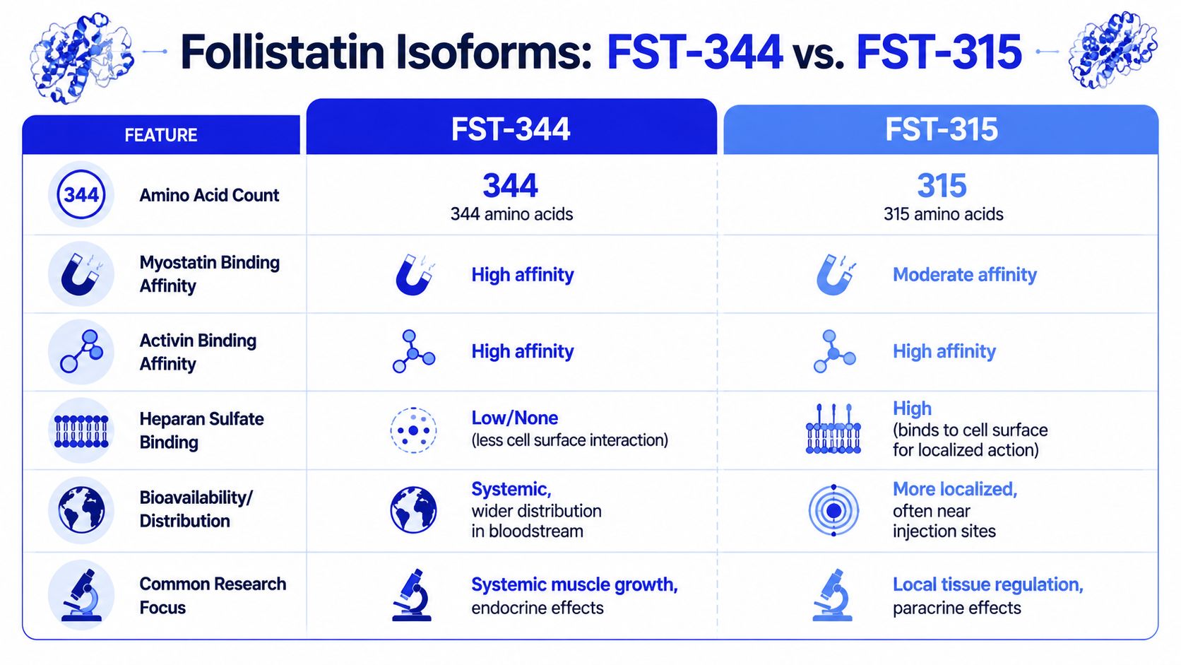 A comparison chart outlining the key differences between follistatin isoforms FST-344 and FST-315 regarding their biological properties.