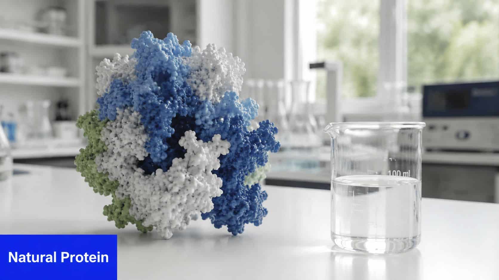 A 3D molecular model of a complex protein sits next to a glass beaker of water.
