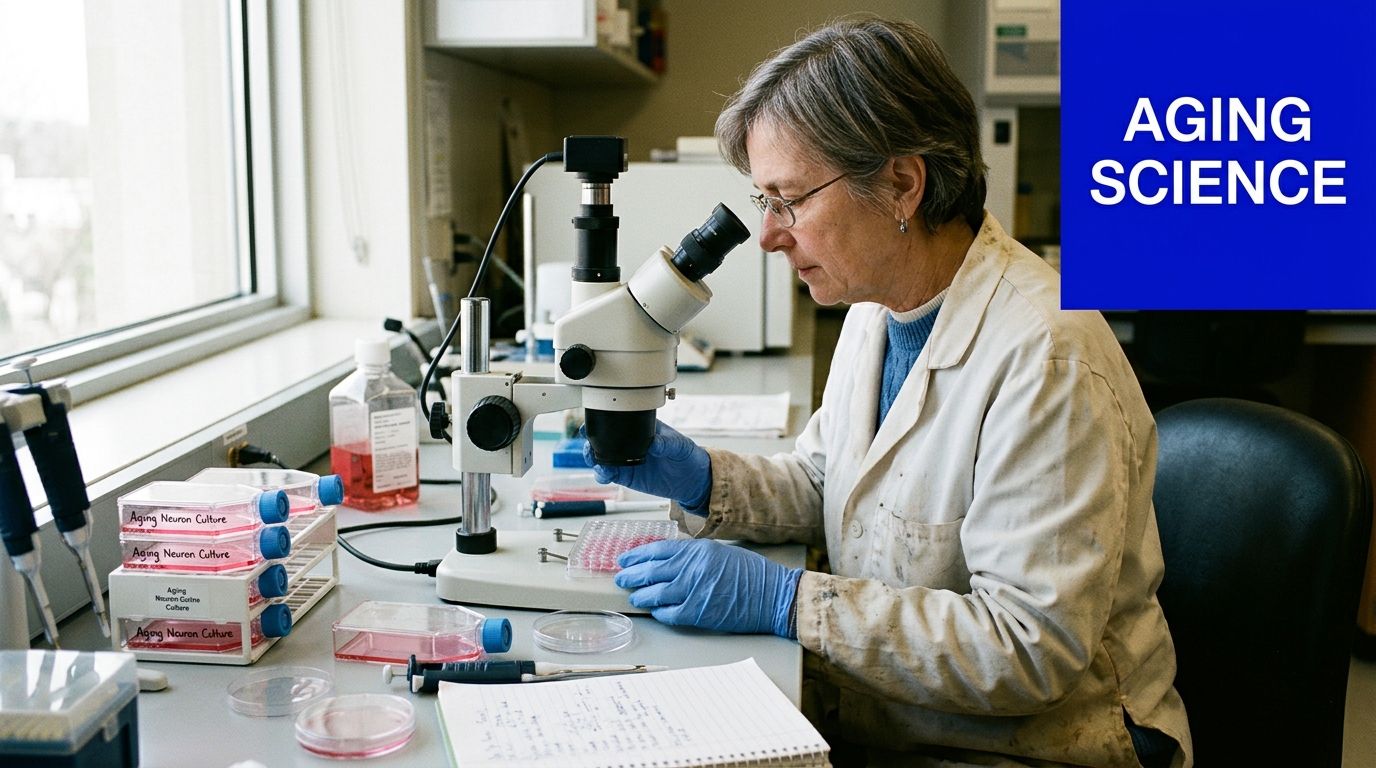 A female scientist in a lab coat examining cell cultures under a microscope for research.