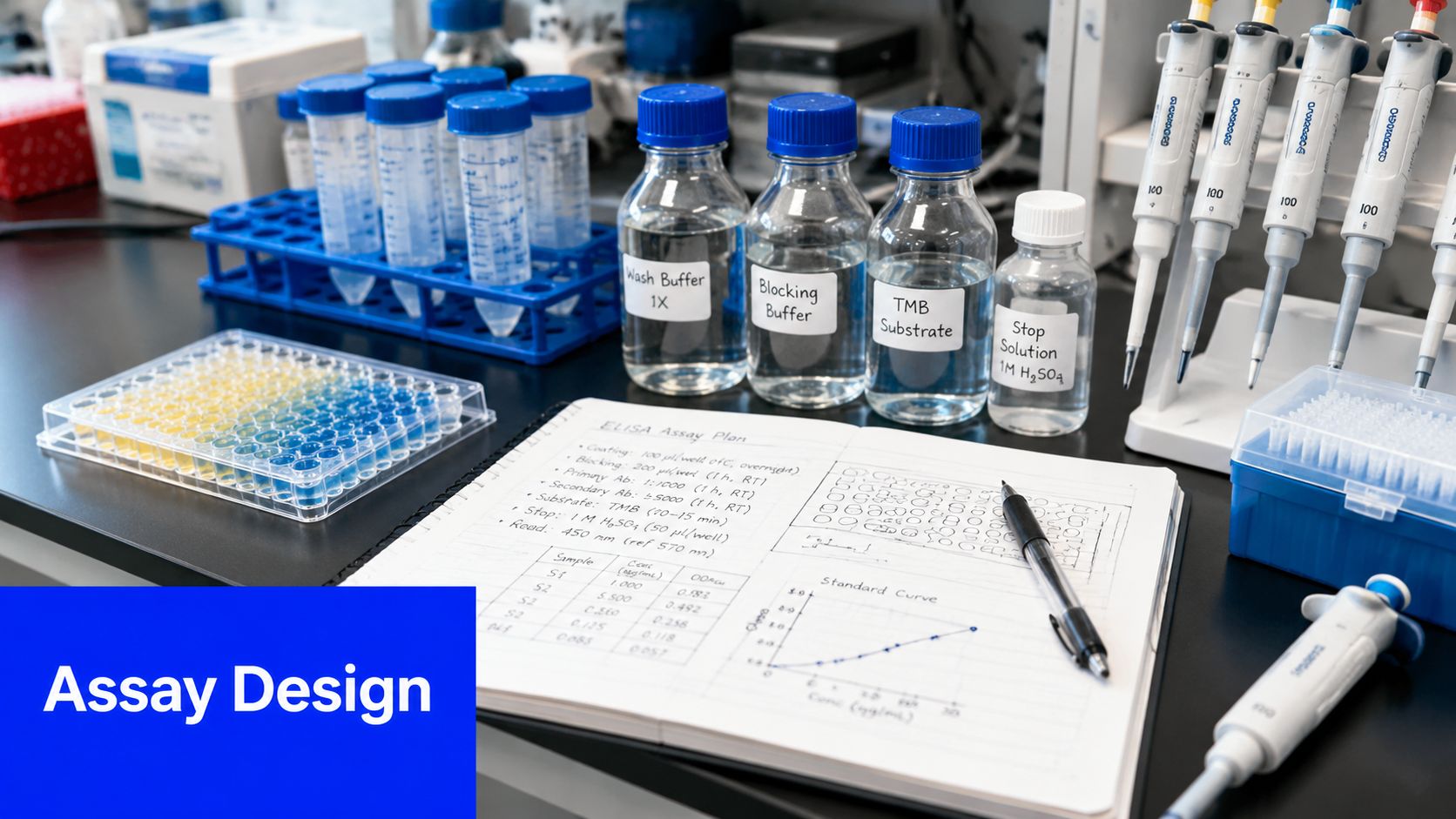 A laboratory workstation featuring an ELISA assay plan, microplate, reagents, and pipettes for scientific research.