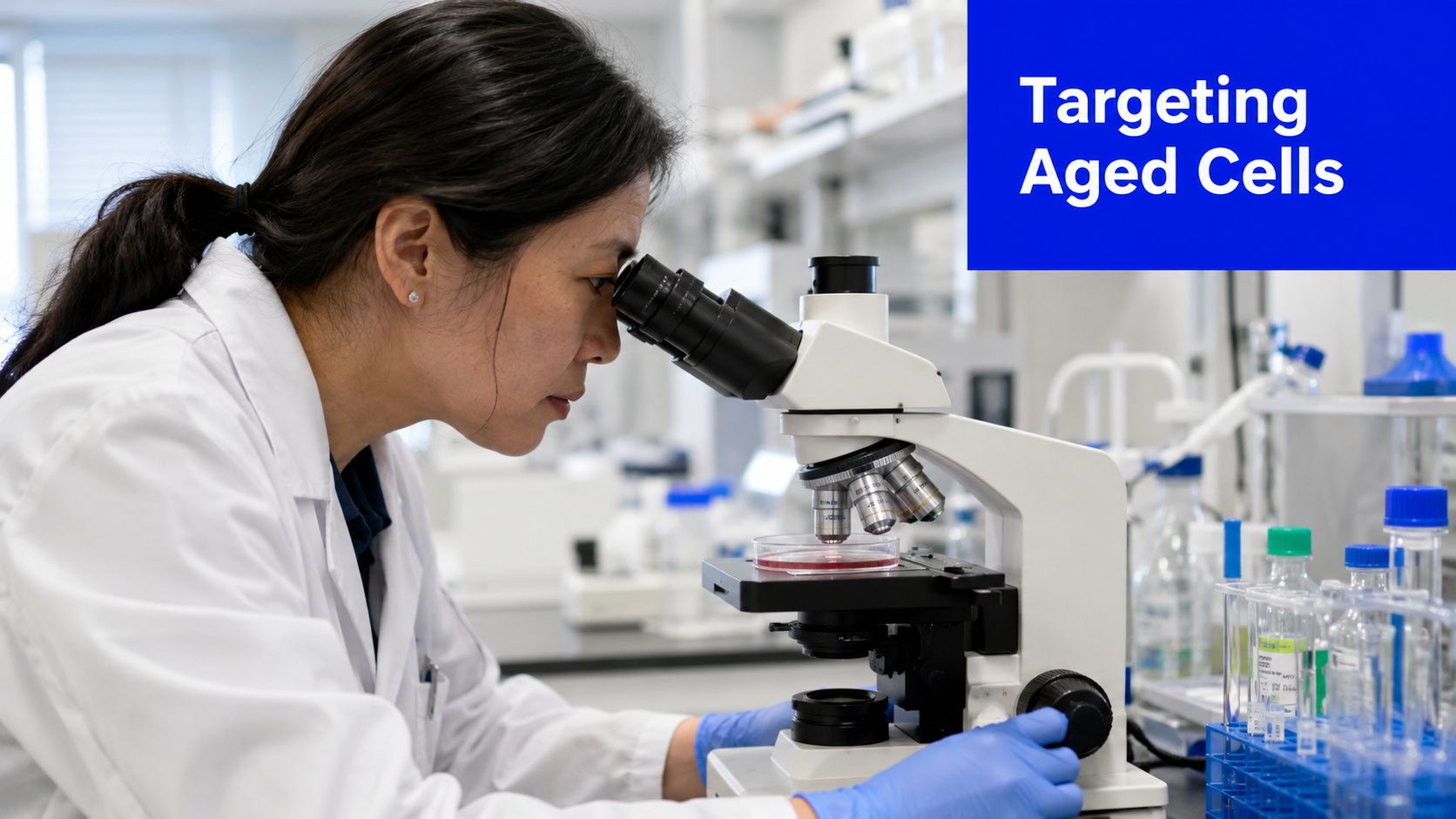 A female scientist in a white lab coat conducting research using a microscope in a laboratory setting.
